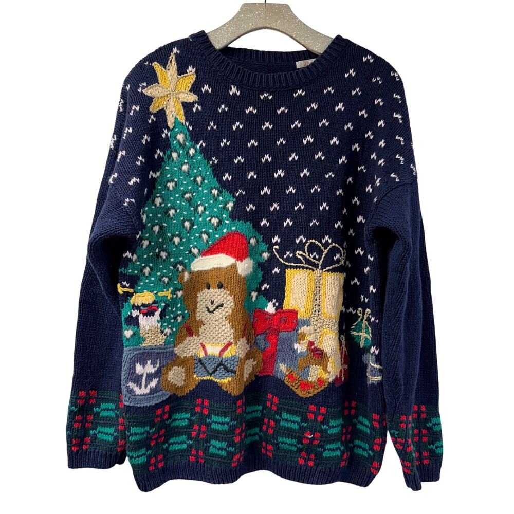Not So Ugly Christmas Sweater Hand Knit Teddy Bear Tree Presents Large